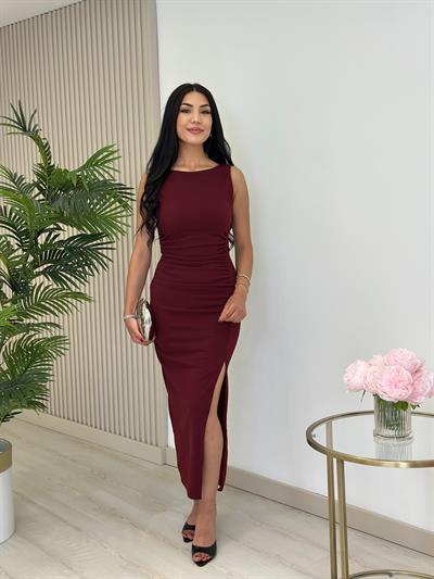 Sıfır Kol Yanları Drapeli Likralı Elbise Bordo