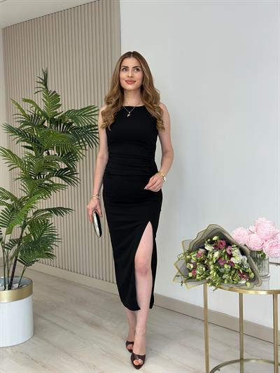 Sıfır Kol Yanları Drapeli Likralı Elbise Siyah