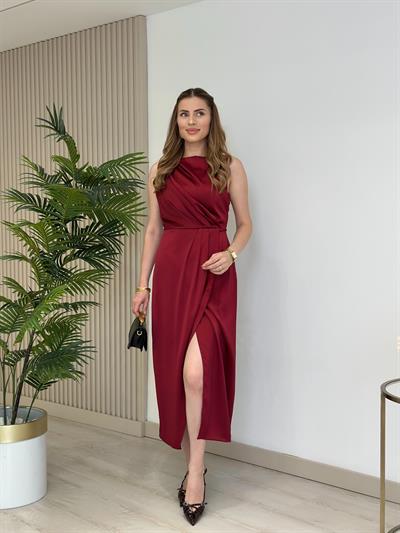 Sıfır Kol Yırtmaçlı Elbise Bordo