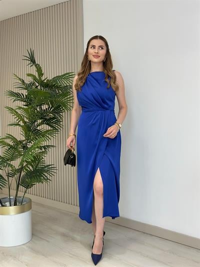 Sıfır Kol Yırtmaçlı Elbise Saks Mavi