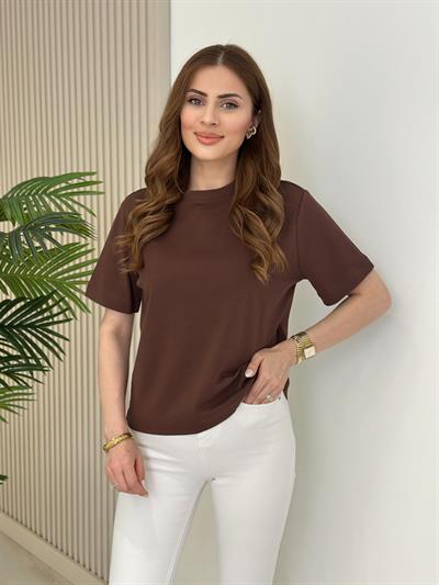 Sıfır Yaka Basıc Tshirt Kahve