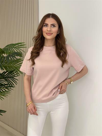 Sıfır Yaka Basıc Tshirt Pudra