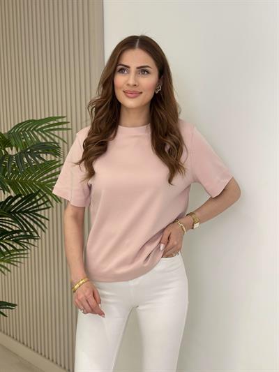 Sıfır Yaka Basıc Tshirt Pudra