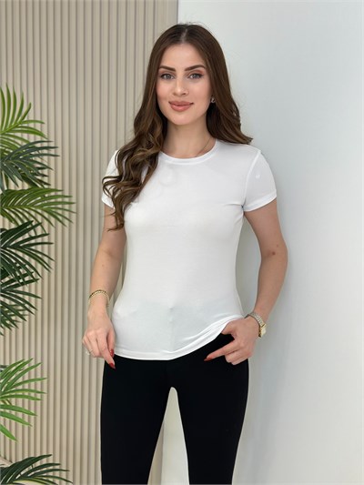 Sıfır Yaka Kısa Kollu Likralı Tshirt Beyaz
