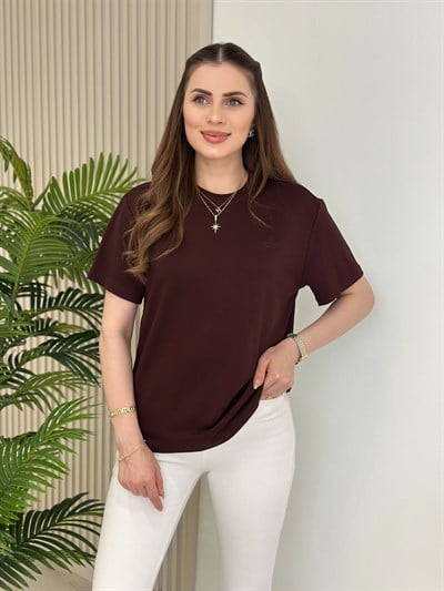Sıfır Yaka Kuş Detaylı Tshirt Bordo