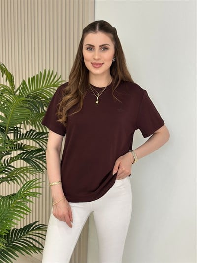 Sıfır Yaka Kuş Detaylı Tshirt Bordo