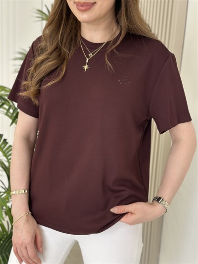Sıfır Yaka Kuş Detaylı Tshirt Bordo
