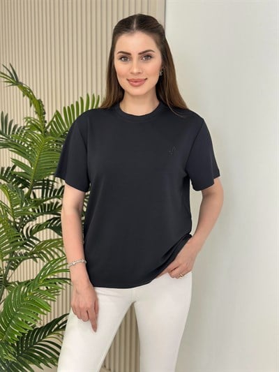 Sıfır Yaka Kuş Detaylı Tshirt Füme