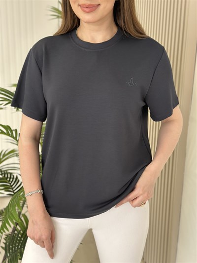 Sıfır Yaka Kuş Detaylı Tshirt Füme