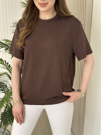 Sıfır Yaka Kuş Detaylı Tshirt Kahve