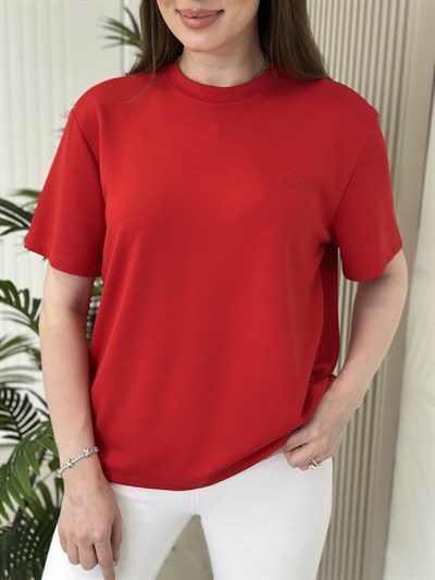 Sıfır Yaka Kuş Detaylı Tshirt Kırmızı