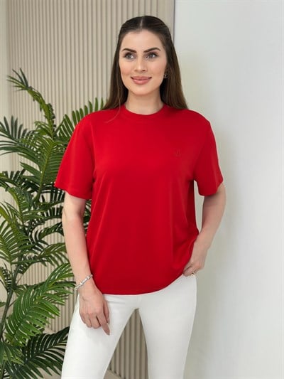 Sıfır Yaka Kuş Detaylı Tshirt Kırmızı