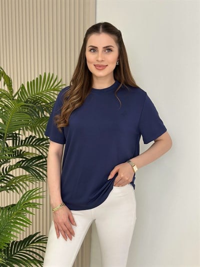 Sıfır Yaka Kuş Detaylı Tshirt Lacivert