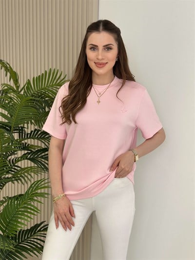Sıfır Yaka Kuş Detaylı Tshirt Pembe