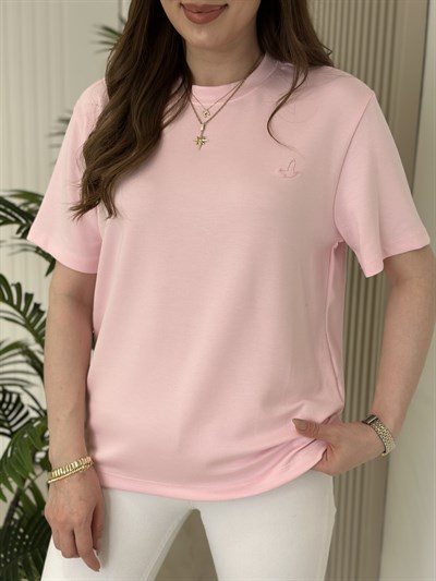 Sıfır Yaka Kuş Detaylı Tshirt Pembe