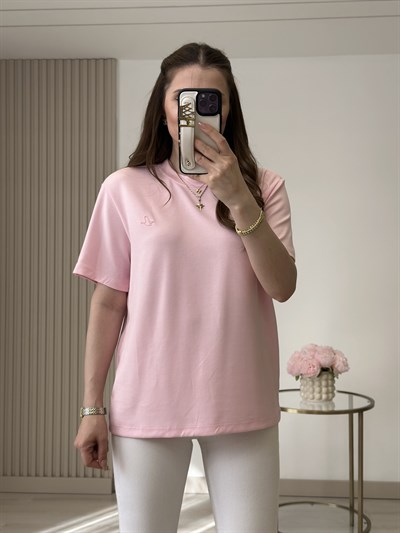 Sıfır Yaka Kuş Detaylı Tshirt Pembe