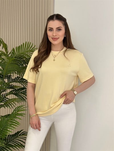Sıfır Yaka Kuş Detaylı Tshirt Sarı
