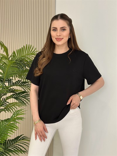 Sıfır Yaka Kuş Detaylı Tshirt Siyah