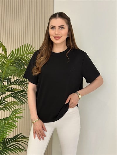 Sıfır Yaka Kuş Detaylı Tshirt Siyah