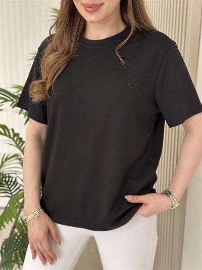 Sıfır Yaka Kuş Detaylı Tshirt Siyah