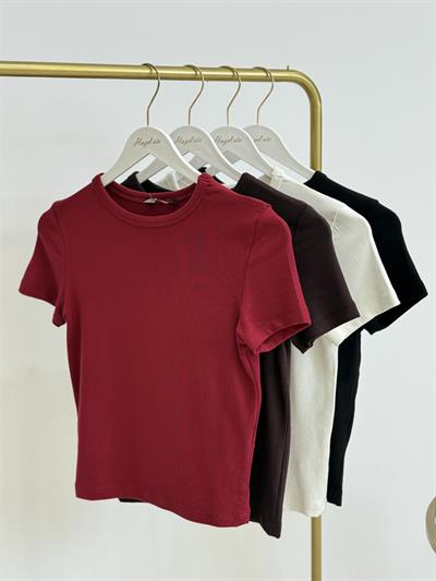 Sıfır Yaka Likralı Kısa Kollu Basıc Kahve