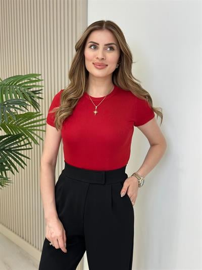 Sıfır Yaka Likralı Kısa Kollu Basıc Kırmızı