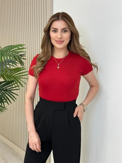 Sıfır Yaka Likralı Kısa Kollu Basıc Kırmızı