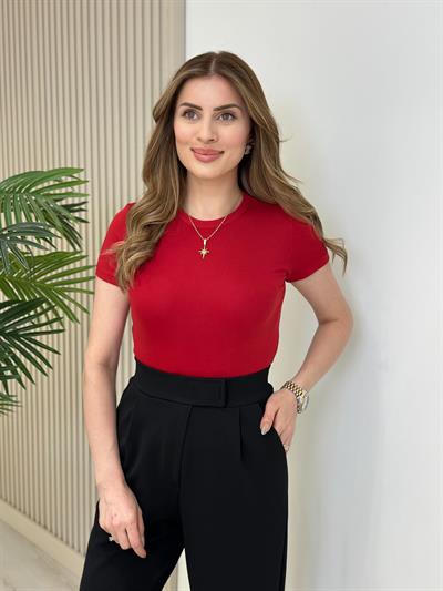 Sıfır Yaka Likralı Kısa Kollu Basıc Kırmızı