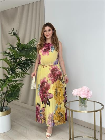 Sıfır Yaka Piliseli Çiçek Desenli Elbise