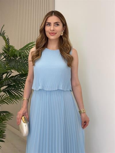 Sıfır Yaka Piliseli Şifon Elbise Mavi
