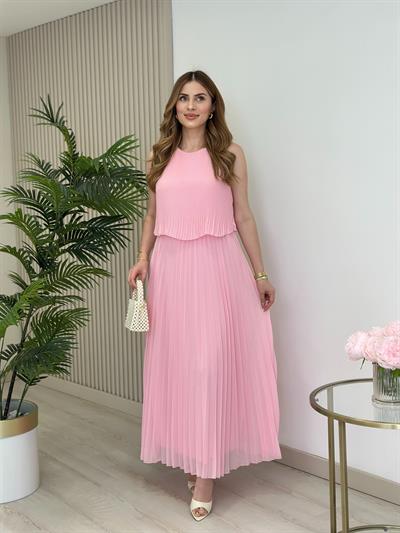 Sıfır Yaka Piliseli Şifon Elbise Pembe