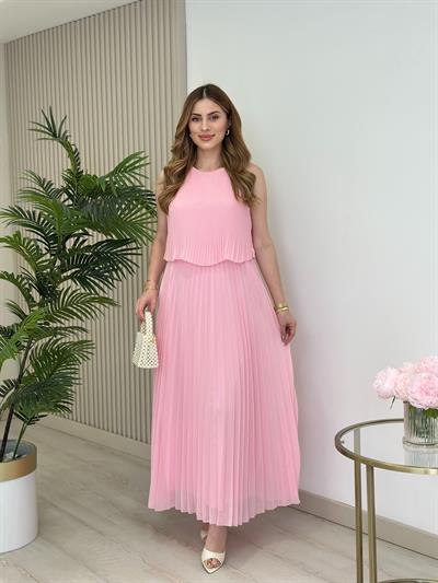 Sıfır Yaka Piliseli Şifon Elbise Pembe