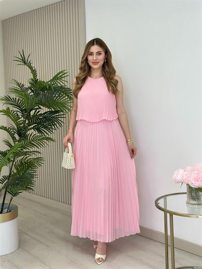 Sıfır Yaka Piliseli Şifon Elbise Pembe