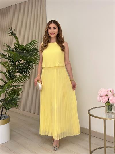 Sıfır Yaka Piliseli Şifon Elbise Sarı