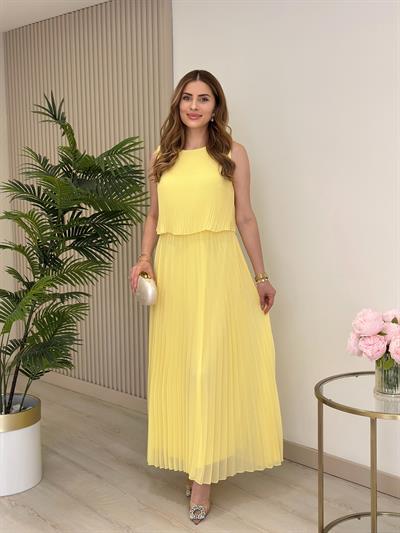 Sıfır Yaka Piliseli Şifon Elbise Sarı