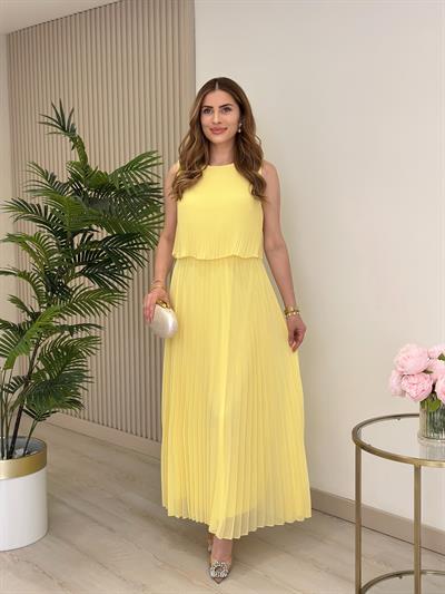 Sıfır Yaka Piliseli Şifon Elbise Sarı