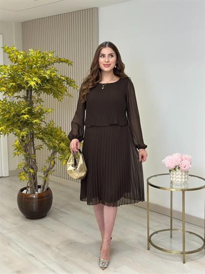 Sıfır Yaka Piliseli Şifon Uzun Kollu Elbise Kahve