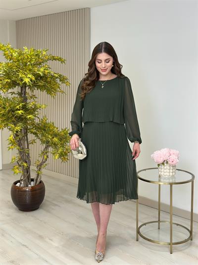 Sıfır Yaka Piliseli Şifon Uzun Kollu Elbise Haki Yeşil