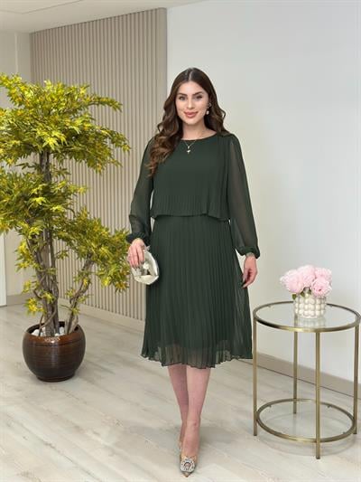 Sıfır Yaka Piliseli Şifon Uzun Kollu Elbise Haki Yeşil