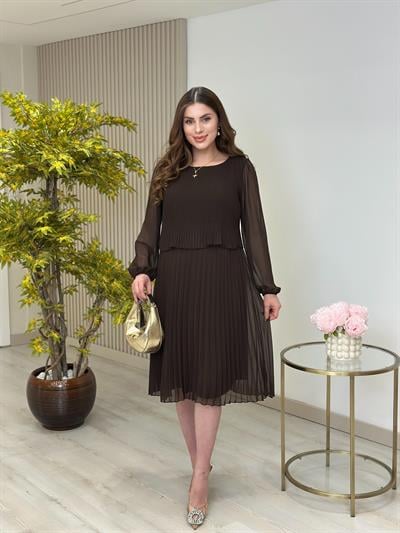 Sıfır Yaka Piliseli Şifon Uzun Kollu Elbise Kahve