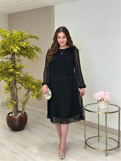 Sıfır Yaka Piliseli Şifon Uzun Kollu Elbise Siyah