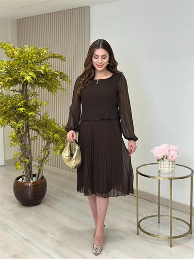 Sıfır Yaka Piliseli Şifon Uzun Kollu Elbise Kahve