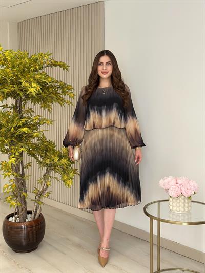 Sıfır Yaka Uzun Kol Piliseli Desenli Elbise