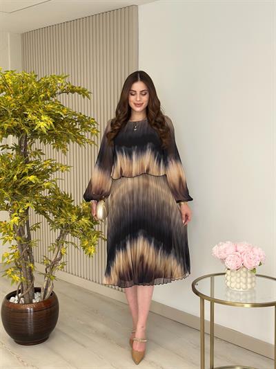 Sıfır Yaka Uzun Kol Piliseli Desenli Elbise