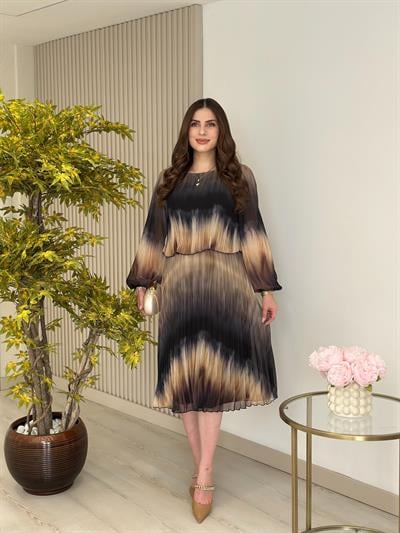 Sıfır Yaka Uzun Kol Piliseli Desenli Elbise