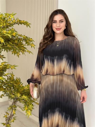 Sıfır Yaka Uzun Kol Piliseli Desenli Elbise