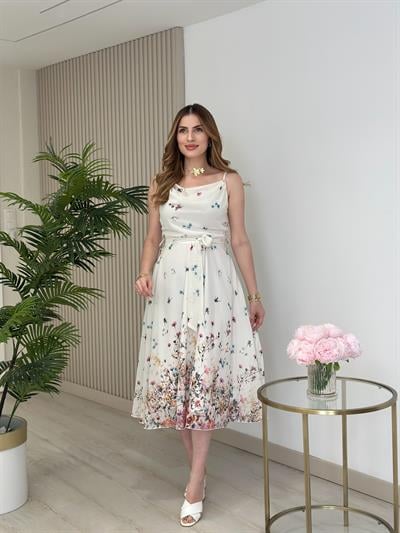 Şifon Degaje Yaka Ayarlanabilir Askılı Elbise Beyaz