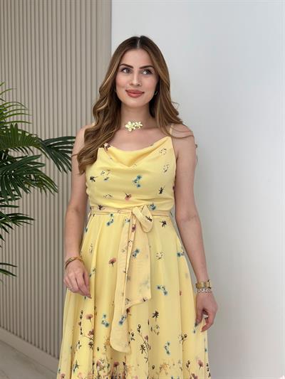 Şifon Degaje Yaka Ayarlanabilir Askılı Elbise Sarı