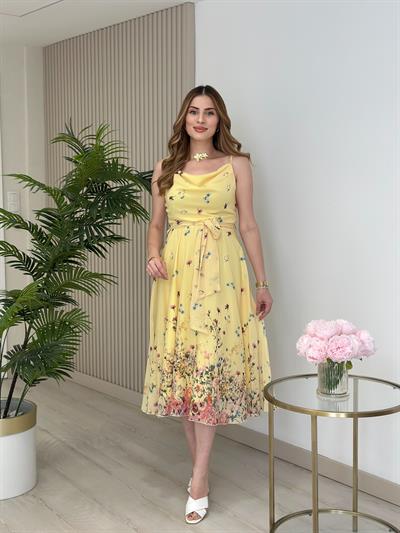 Şifon Degaje Yaka Ayarlanabilir Askılı Elbise Sarı