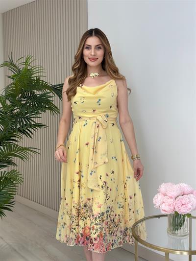 Şifon Degaje Yaka Ayarlanabilir Askılı Elbise Sarı